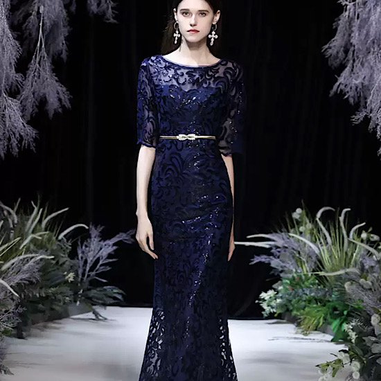 【取寄：納期2週間】結婚式ドレス レース フィッシュテール ラウンドネック シースルー ロング丈 発表会 演奏会 レディース 結婚式 ステージ衣装 五分袖 エレガント ウエディングドレス カラードレス