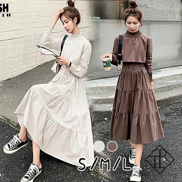 【即納】ワンピース レディース ロング丈 カジュアル 長袖 大きいサイズ ワンピ 二の腕カバー ボトルネック セットアップ風 ゆるい 痩せて見える 他と被らない ユニーク 個性的 お洒落 大人女子