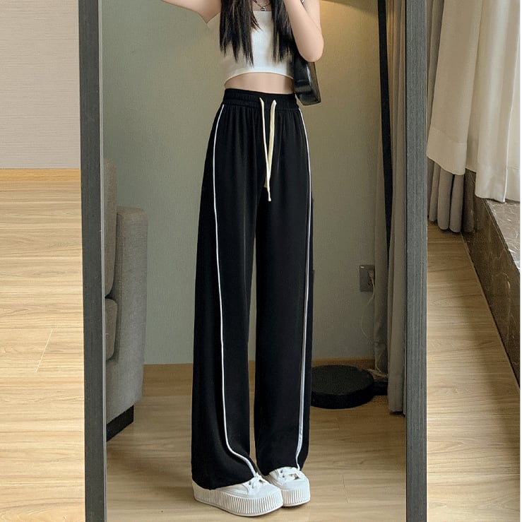 ラフパンツ ボトムス 長ズボン スラックス スウェット ワントーン バイカラー パイピング ライン ドローストリング レトロ フレアパンツ スリット ウエストゴム セミフレア ハイウエスト lbot0
