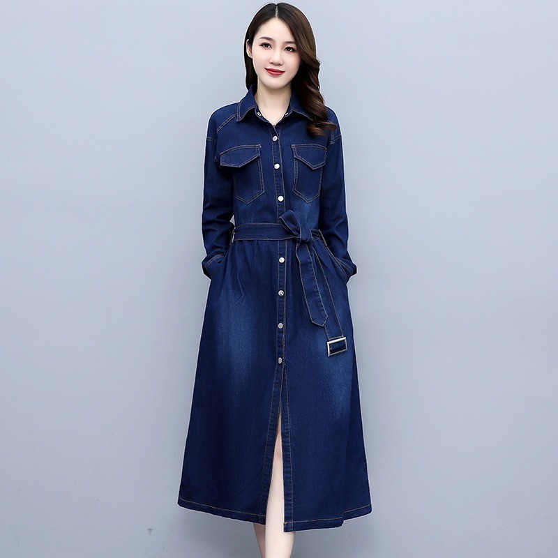 長袖デニムドレス女性のとのウエストとスリムな気質のロングシャツドレス