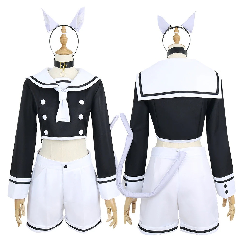 衣装+耳+尻尾+靴下 ハロウィン コスチューム YouTuber バーチャル セットアップ コスプレ 猫又おかゆ 7点セット