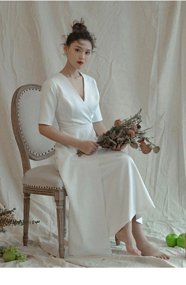 ウェディングドレス 半袖 シンプル 花嫁ドレス サテンドレス Aラインドレス リゾートドレス 袖あり 二次会ドレス ブライダルドレス 結婚式 レディースドレス ミモレ丈 お呼ばれドレス 披露宴 前撮り