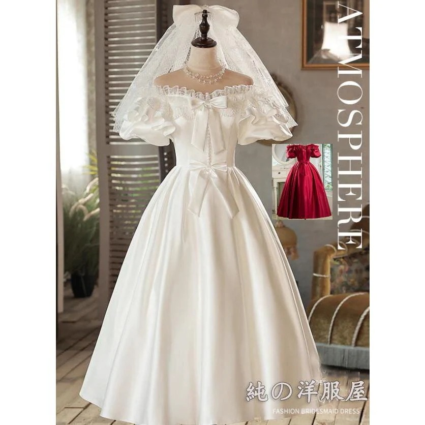 ミニドレス ウエディングドレス ミモレ丈 ウェディングドレス レトロ風 ヴィンテージ調 可愛い パーティードレス パフスリーブ 半袖 上質なレース 繊細で美しい30%までに制限