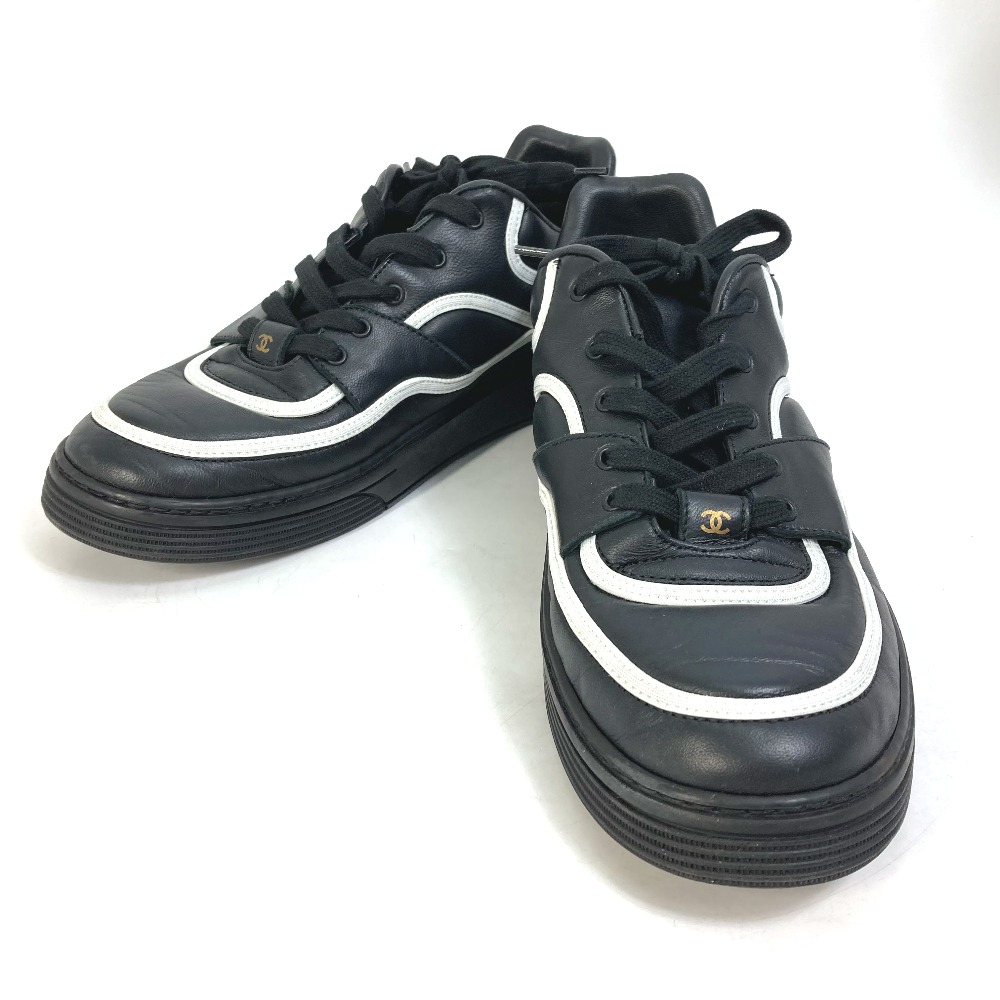 スニーカー G35063 ロゴ バイカラー 紐 靴 レザー ブラック