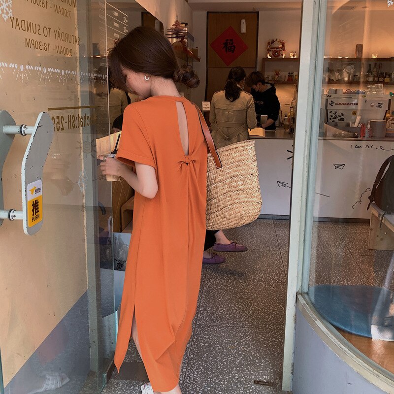 ワンピース人気 Tシャツワンピースロング夏服半袖韓国ファッションレディースセクシー背中露出