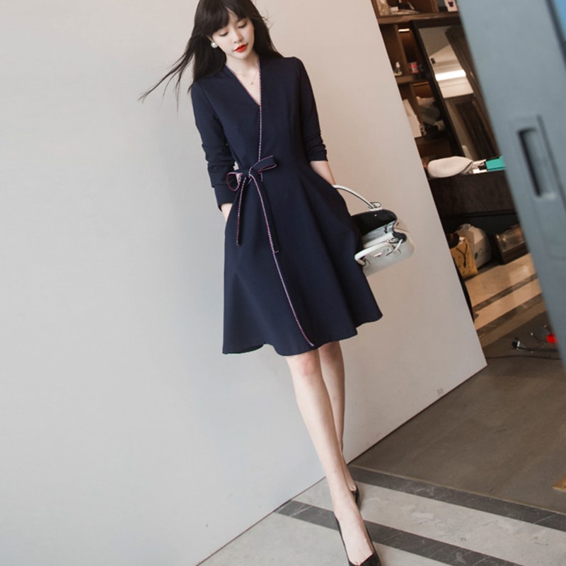 ワンピース レディース Aラインスカート Vネック タイト ドレス ミドル丈 ミドル丈ワンピース 長袖 ハイウエスト 高見え 女度アップ ワンピドレス パーティドレス 大人可愛い ワンランク上