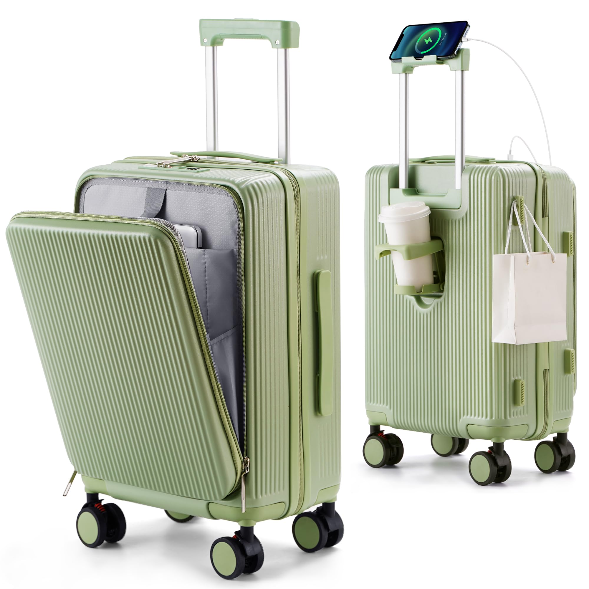 [Mularda] 前開きキャリーケース スーツケース機内持ち込み 耐衝撃 超軽量 USBポート付き Sサイズ 大容量 1-3泊 旅行 ビジネス 出張 グリーン