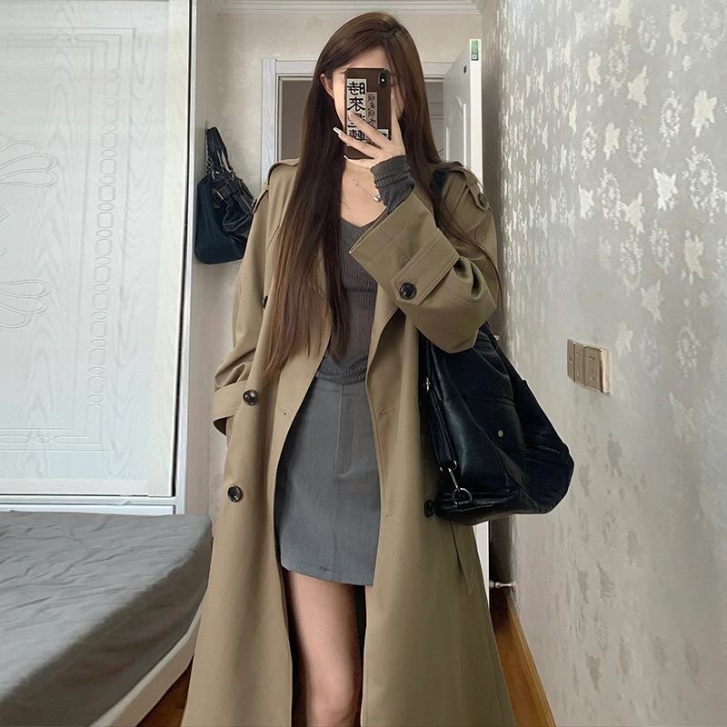 2024新作カーキウインドブレーカーコートレディースミドル丈高品質春秋小さめ韓国風風コート