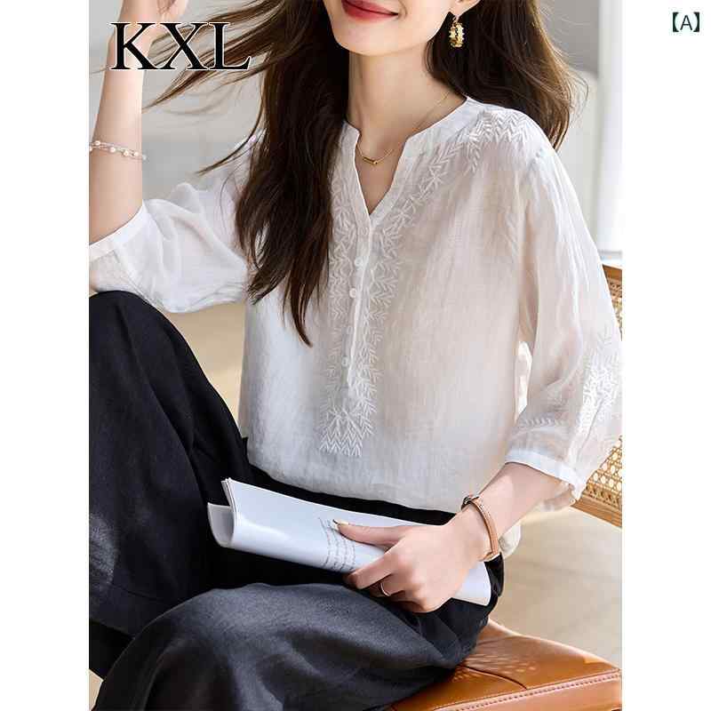 トップス レディース おしゃれ 上品 通勤 オフィス カジュアル 春夏 七分袖 シャツ 綿 ホワイト シャツ