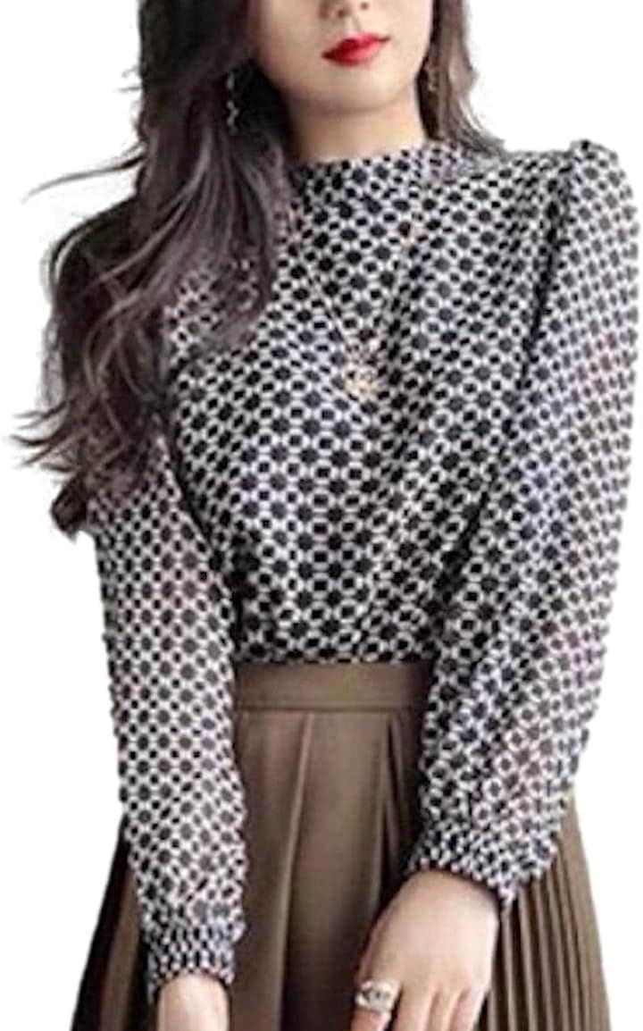 プリントブラウス レディース プルオーバー 長袖 パフスリーブ 幾何学柄 シアーシフォン スタンドカラー モノトーン 立襟 大人かわいい 韓国風 辛口 華やか 高身長(ブラック, M)