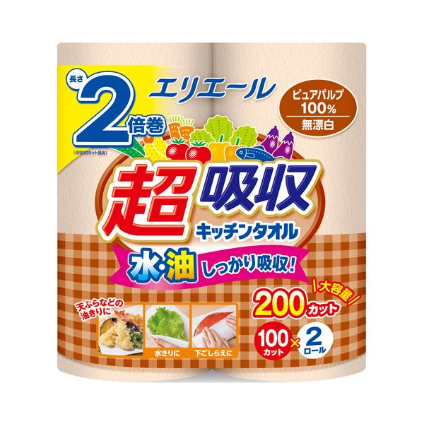 大王製紙エリエール 超吸収キッチンタオル 無漂白 100カット／ロール 1セット（48ロール：2ロールx24パック）