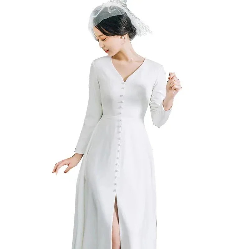 ウエディングドレス二次会花嫁前撮りウェディングドレス長袖サテンロングドレス結婚式エレガント白シンプルリゾートワンピースハネムーンフォト