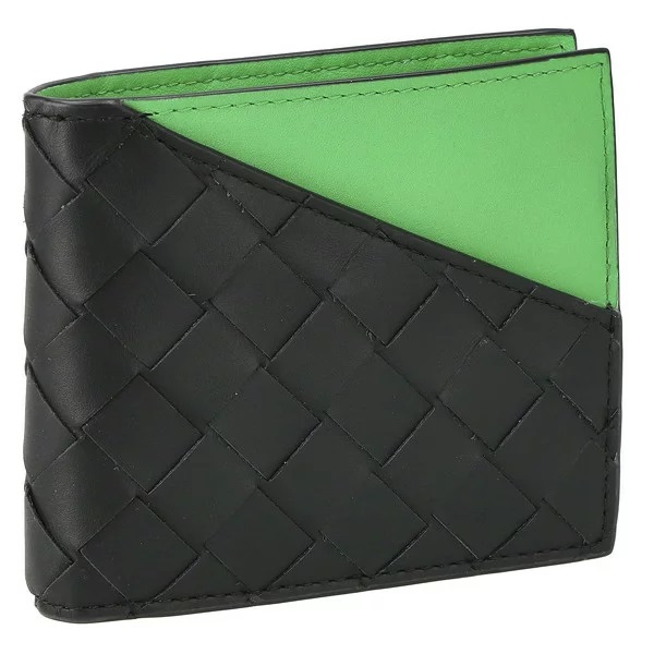 619390-VCPQ7-1023 小銭入付二折財布 イントレチャート カーフスキンレザー ブラック/グリーン/シルバー