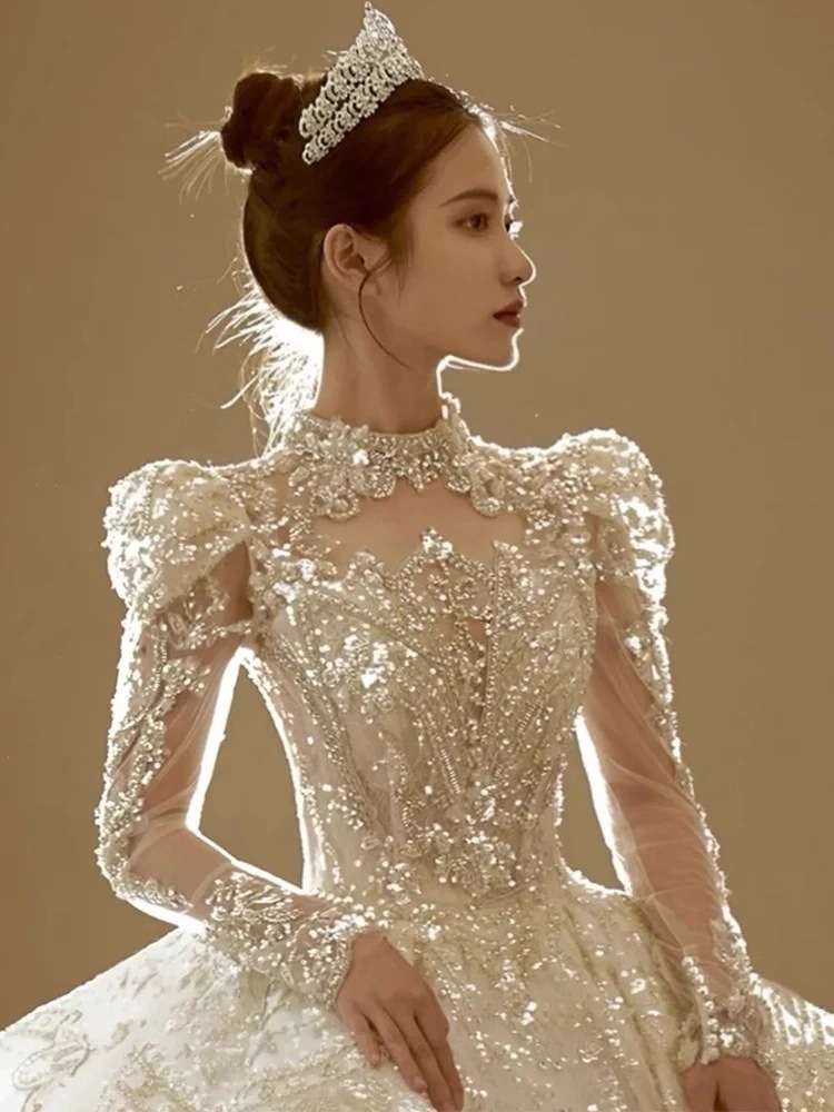 ウェディングドレス 花嫁 2025 新作 小柄 ビッグテール プリンセス 長袖 メイン ウェディングドレス 重工業 感