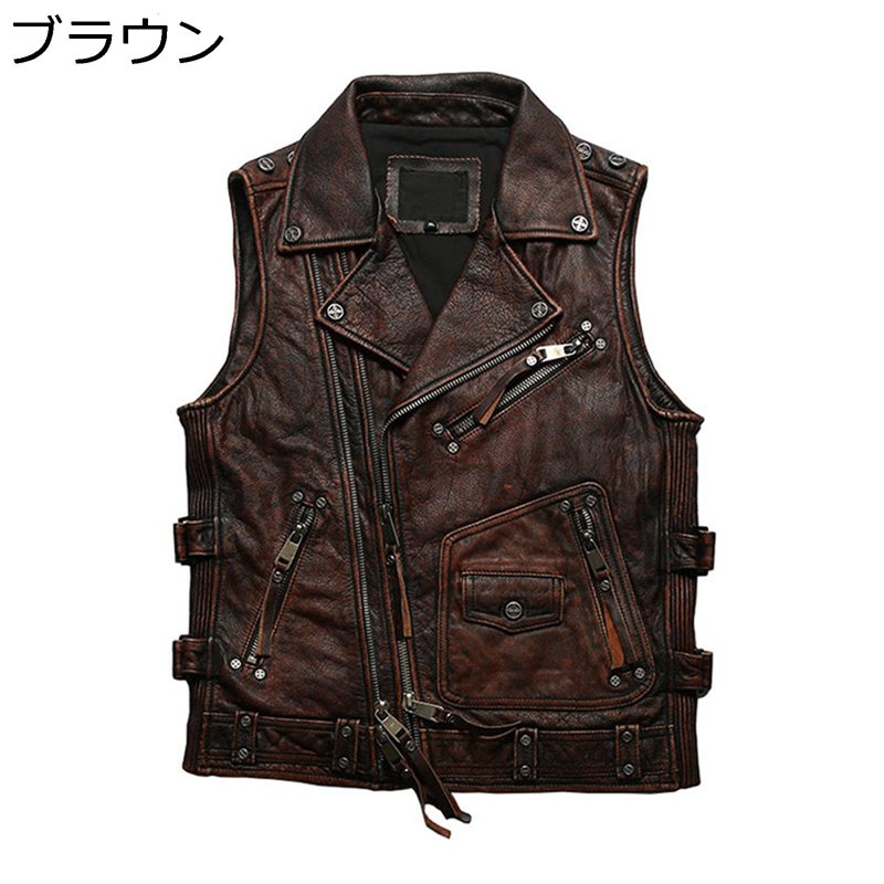 本革ジャン レザーベスト 牛革 メンズ ノースリーブ ライダースベスト ビンテージ バイクチョッキ 春秋用 ポケット付き 着痩せ 前開 コート バイクジャケット お洒落 防風 ストリート系 韓国 撮影