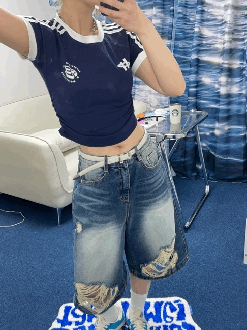 [韓国 高クオリティー！/MDおすすめ!!] ティンポイント ダメージ バミューダ デニム