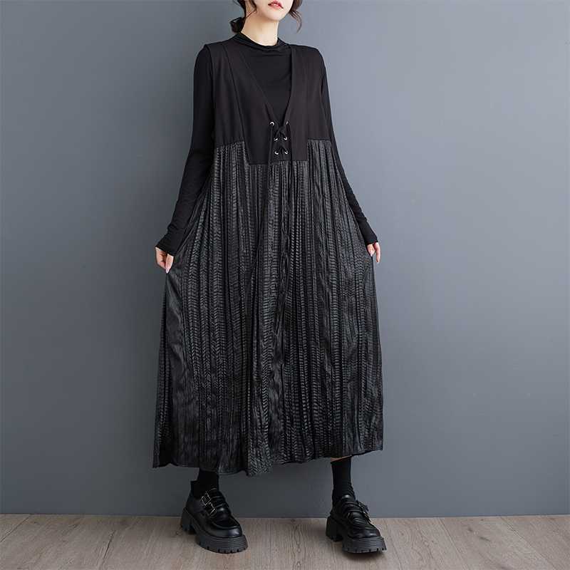 「ファットガール」 2024秋 キャミワンピース ベストワンピース 袖なし シワデザイン 大きいサイズ 体型カバー レディース ドッキングワンピース