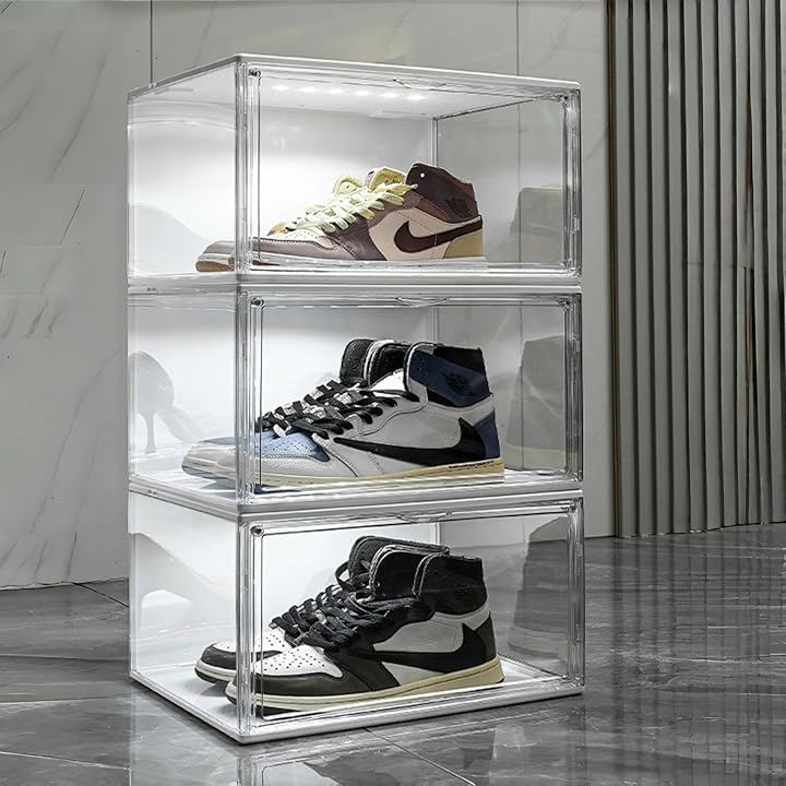 シューズボックス LEDライト マグネット式扉 透明シューズケース アクリルケース スニーカーボックス 大容量収納ボックス 簡単組立 積み重ね可能 (白, 幅36x高さ22x奥27cm) 4,828円