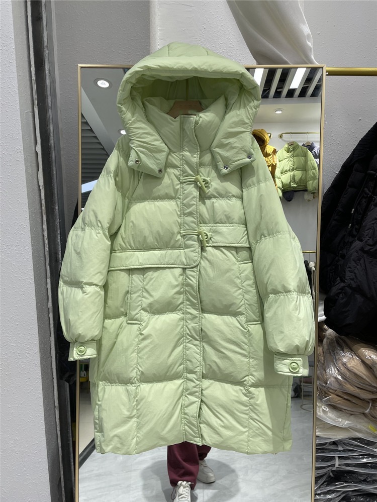 レディース ミドル丈 ダウンジャケット スタンドカラー フード付き ホーンボタンデザイン ホワイトダックダウン 防寒コート 2024冬