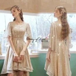 ミニドレス（カラードレス）ウェディングドレスアシンメトリーゴールドスパンコール結婚式ドレス花嫁ドレス二次会ドレスファスナー個性派海外ウエディング演奏会/結婚式/披露宴/海外拳式用カラードレス