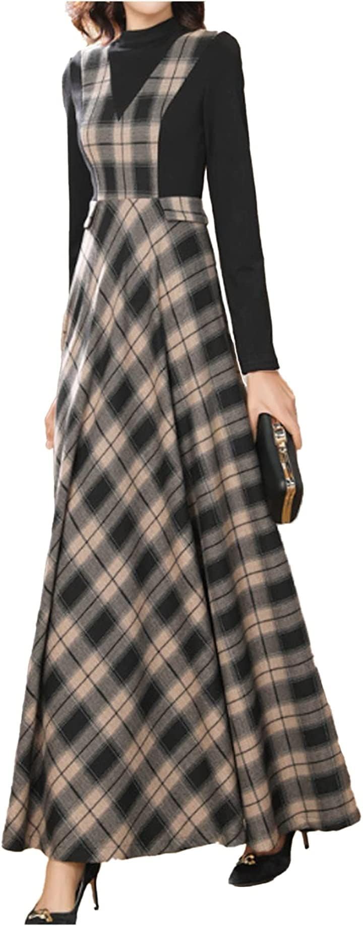 ロングワンピース チェック柄 重ね着風 きれいめ 切り替え レディース(ブラック, XL)