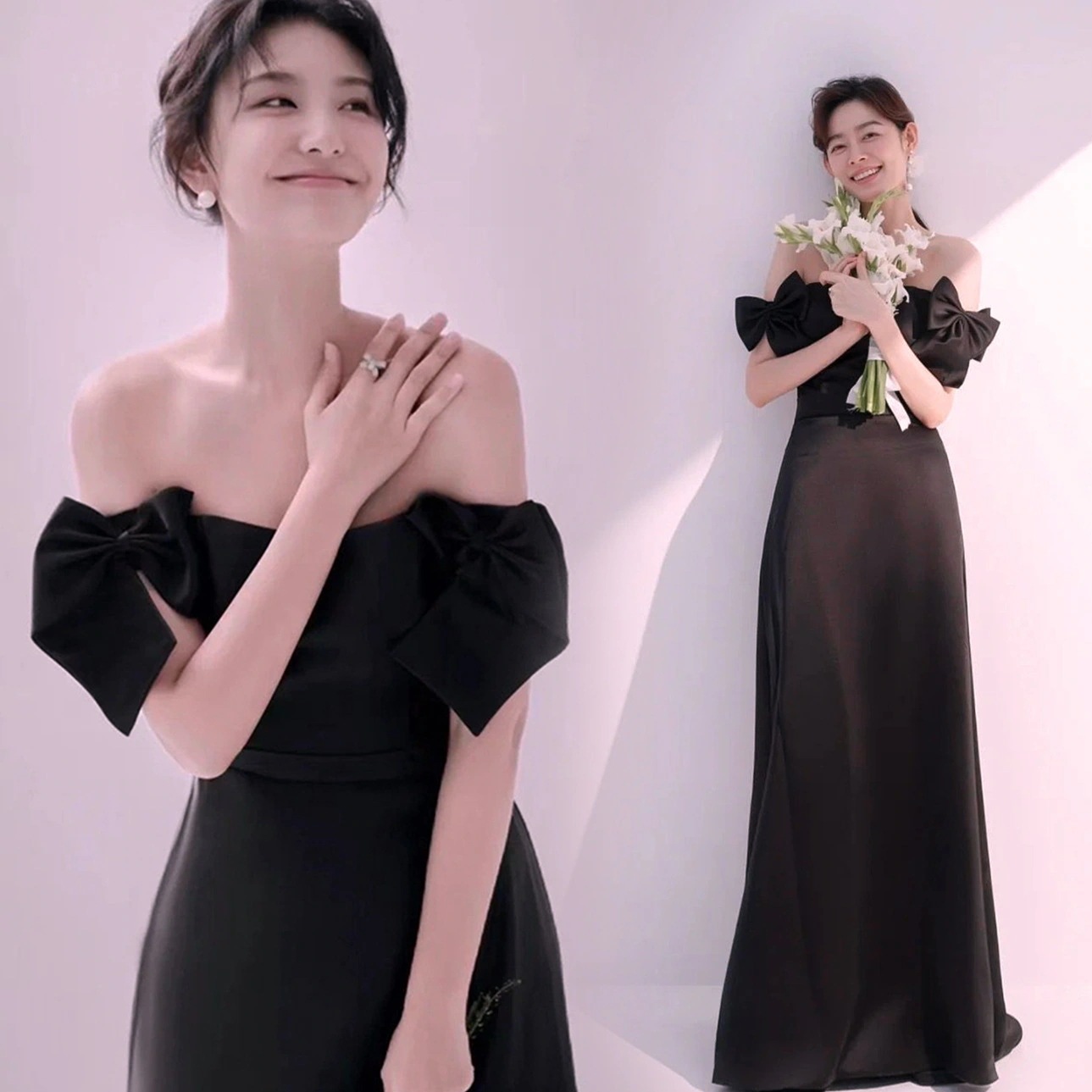 ブラックオフショルダードレス パーティー 誕生日 ステージ演出用 ライトウェディングスタイル ドレス 結婚式 ワンピース お呼ばれドレス