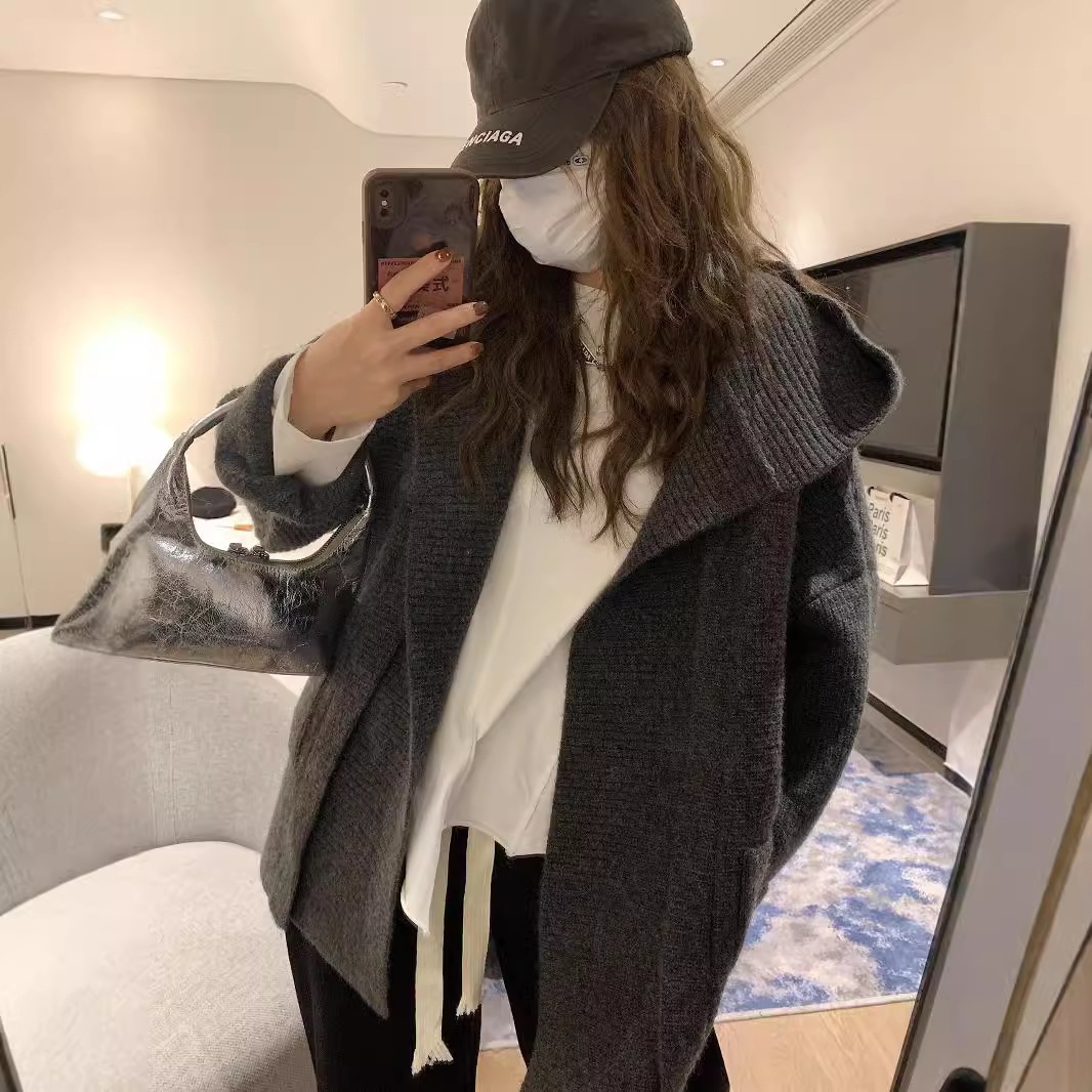 韓国風高級ゆったり怠惰なスタイルセータージャケット秋冬新作フード付き気質カジュアルニットカーディガン女性用