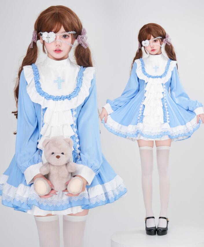 ロリータワンピース 膝丈 長袖 メイドワンピース レディース ハロウィン コスプレ衣装 十字 ゴシック ロリータ服 ティアードワンピース ゴスロリ 重ね重ね 可愛いメイド服 ハロウィン 変身仮装 ブル