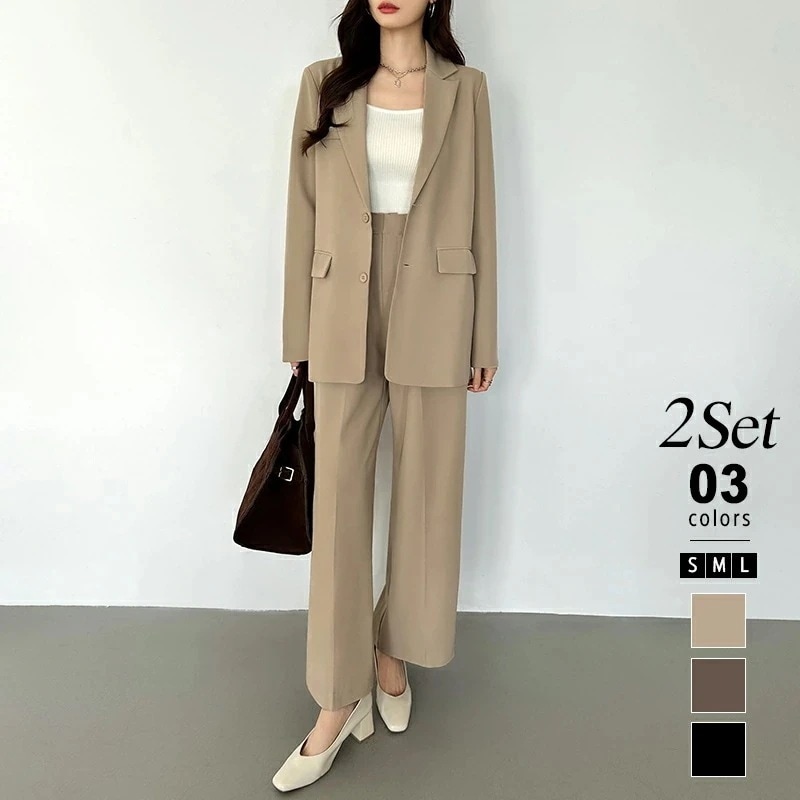 【迅速な出荷】レディース セットアップ かっこいい パンツ ジャケット パンツ テーラードジャケット 上下 セット トップス ボトムス 長袖 ワイドパンツ オフィス シンプル カジュアル おしゃれ 普