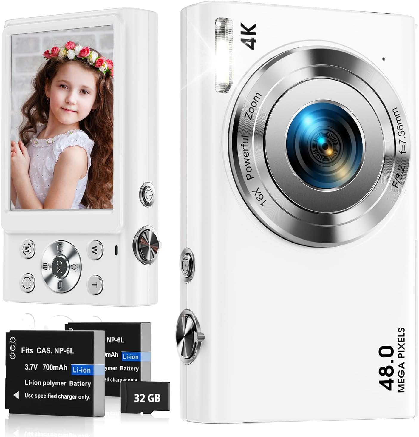 デジタルカメラ 4K オートフォーカス デジカメ 4800万画素 マイクロSDカード付き 700mAhバッテリー2個搭載 16倍ズーム ウェブカメラ 手ぶれ補正 顔検出 スマイルキャプチャー 連続撮影