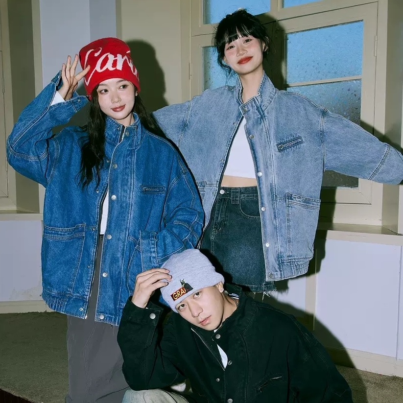 アウター ジャケット ジャンパー デニム ヴィンテージ調 スタンドカラー ジップ オーバーサイズ ドロップショルダー 長袖 大人可愛い シンプル お洒落 こなれ感 普段使い