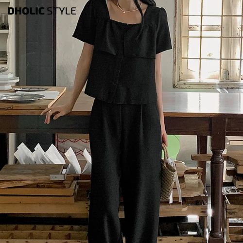 [メガ割りSALE]スクエアネックリンクル半袖ブラウス&ワイドパンツSET・p679505