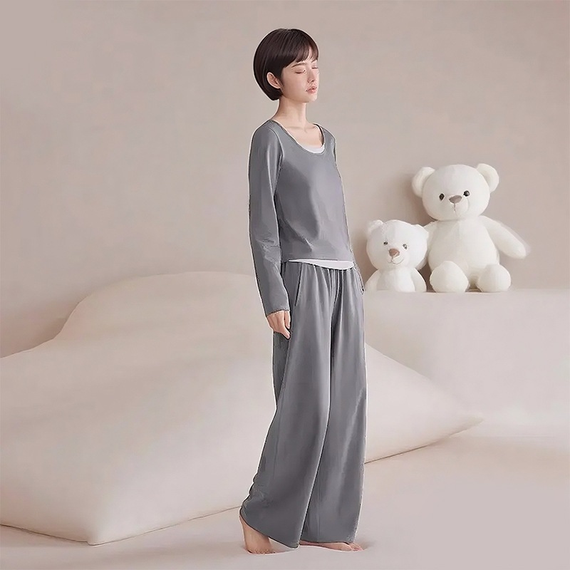 カテゴリーA: レディース カップルパジャマ春/秋スタイルレンチングモダールコットンフェイクツーピースパジャマセットカップルホームウェアセット