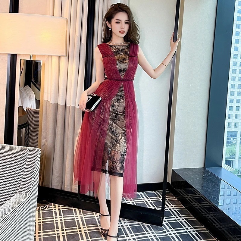 【JY.上品】 夏 レース ワンピース チュール ノースリーブ パーティードレス キャバ 着痩せ 大人 同窓会 披露宴 卒業式 結婚式 演奏会 ウェディング 二次会 発表会30%までに制限