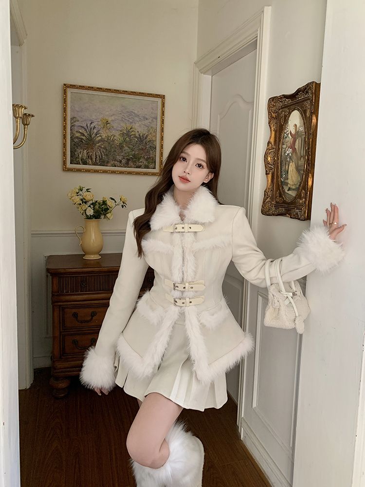 フレンチシックな秋冬韓系高級感のある小香風ウエストの毛並みを収めたパッチワークコートハイウエストの半身スカート2点セット