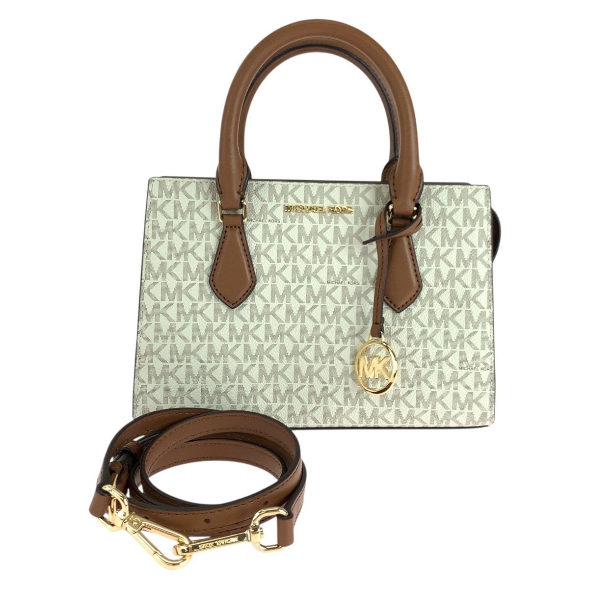 新品未使用 MKシグネチャー シェイラ センタージップ サッチェル ホワイト ブラウン ゴールド金具 PVC ショルダーバッグ ハンドバッグ トートバッグ 2way レディース 502716 新品