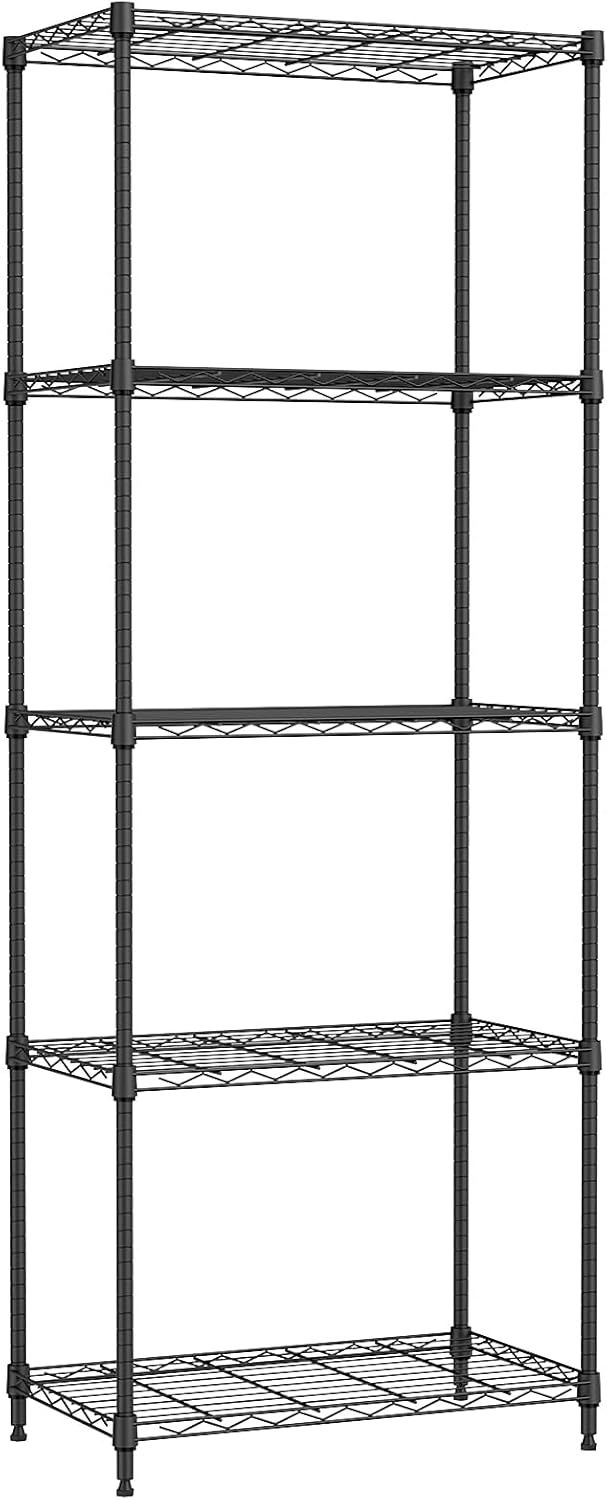 スチールラック 5段 高さ伸縮メッシュ 収納棚 防錆加工 パイプ棚 スリム ポール径19.1mm パーツ対応 全体耐荷重487.5kg 幅60×奥行35×高さ158.7cm 頑丈 ワイヤーシェルフ メ