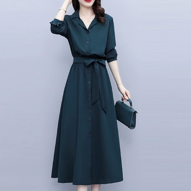 ワンピース シャツワンピース ミモレ丈 袖あり 長袖 Vネック レギュラーカラー Aライン ウエストマーク ウエストリボン ポケット 前開き ポリエステル 大人可愛い きれいめ 大人 上品 おしゃれ