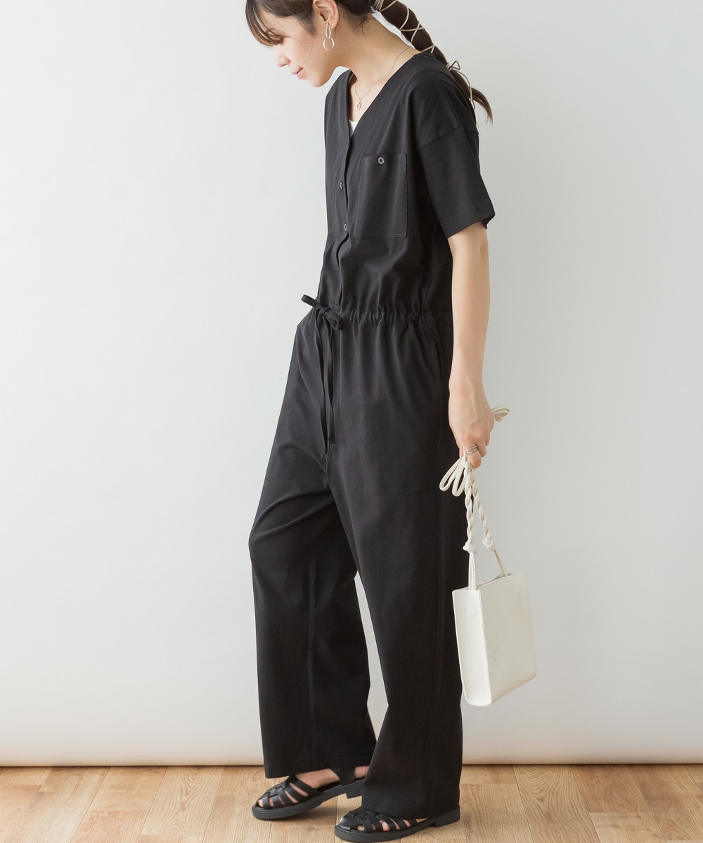 Vネック オールインワンパンツ ボトムス レディース オーバーオール つなぎ サロペット 大きいサイズ 重ね着 コットン 大きいサイズ ゆったりシルエット 無地 きれいめ カジュアル 春 夏 秋 冬