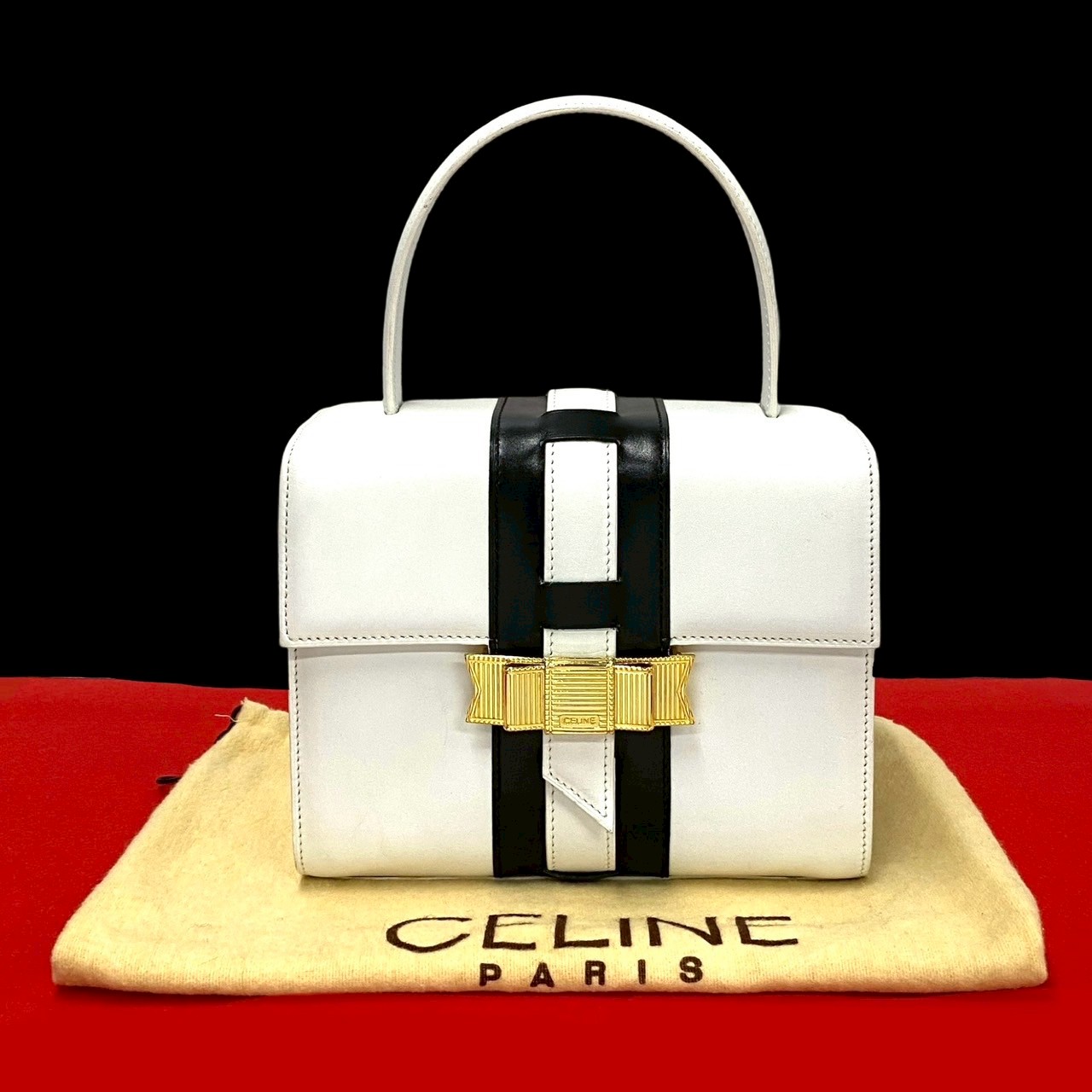 ヴィンテージ ロゴ リボン金具ハンドバッグ レザー ホワイト 38242