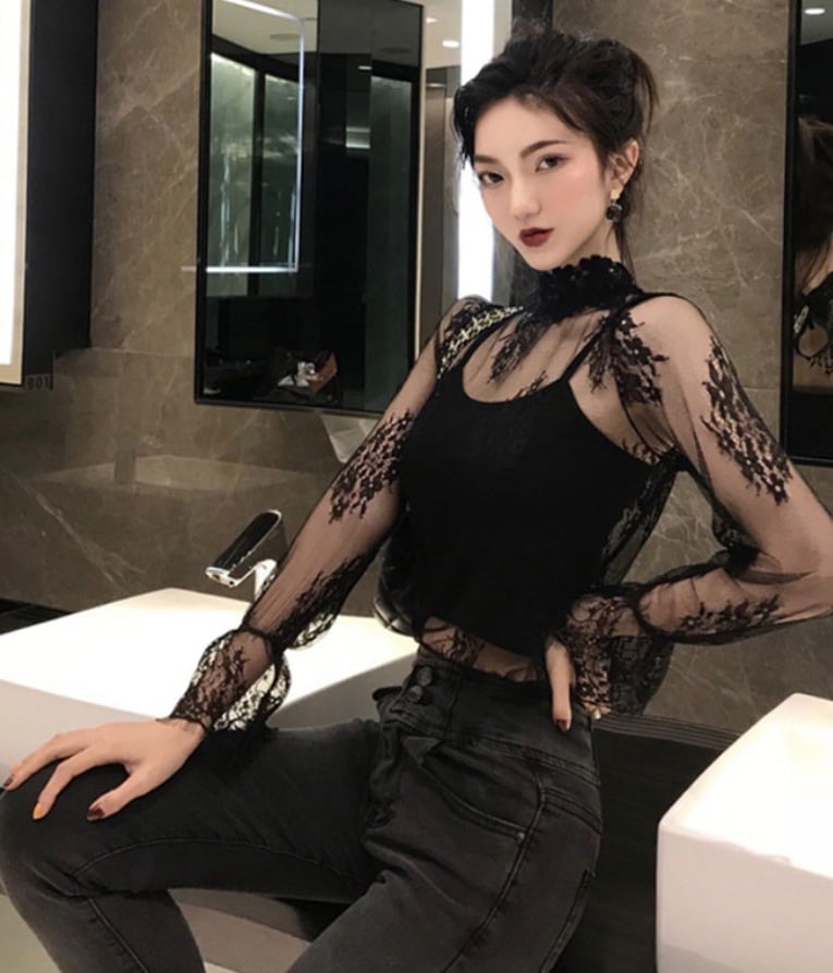 トップス デート カットソー 長袖 ハイネック レース 可愛い きれいめ 上品 おしゃれ かっこいい 可愛い ラブリー キュート ガーリー クール モード系 セクシー エレガント 存在感