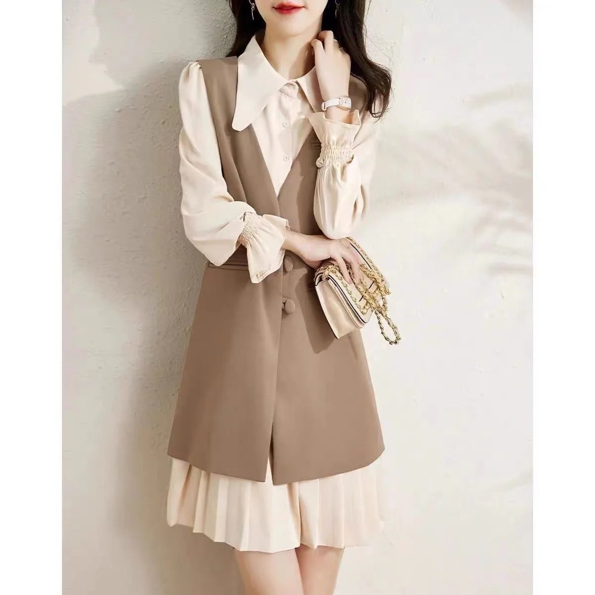 ワンピースドレスシャツワンピベスト ワンピース レディース ワンピース 秋 セット セット ワンピース 着やせ