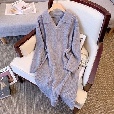 ワンピース ニット ニットスカート 膝丈 ひざ丈 膝下 ミドル丈 袖あり 長袖 Vネック 襟付き ニット かわいい 大人可愛い シンプル カジュアル 大人 上品 おしゃれ お洒落 大人女子 こなれ感