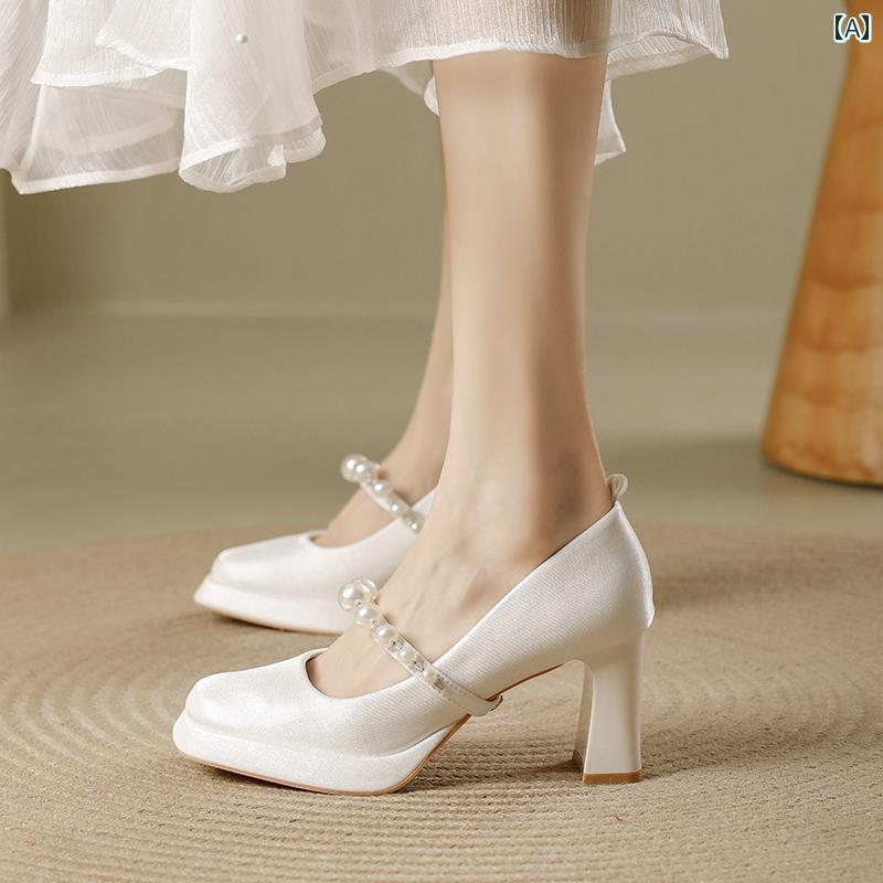 【人気SALE】ヒール レディース パンプス 美脚 メイン 結婚式 靴 足が 疲れにくい 厚 太ヒール 歩きやい チャンキー 防水 靴 サテン パール メリージェーン ハイヒール 履く