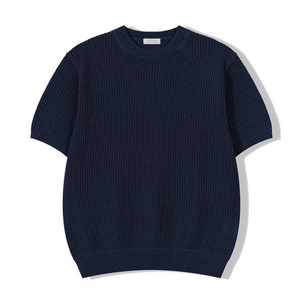 メンズ ウッディネット ラウンド 半袖 ニットTシャツ GN-KNH-Q011-ネイビー