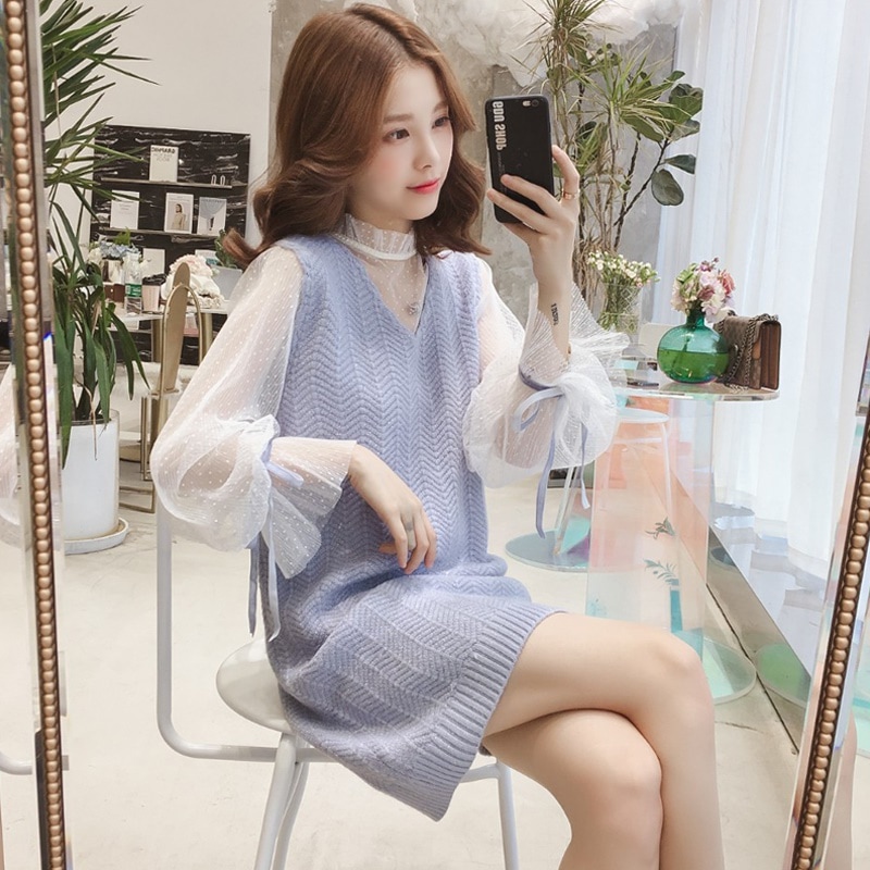 スーツスカート女性2つをもらえる夏秋冬長袖のフランス小衆ニットチョッキワンピース