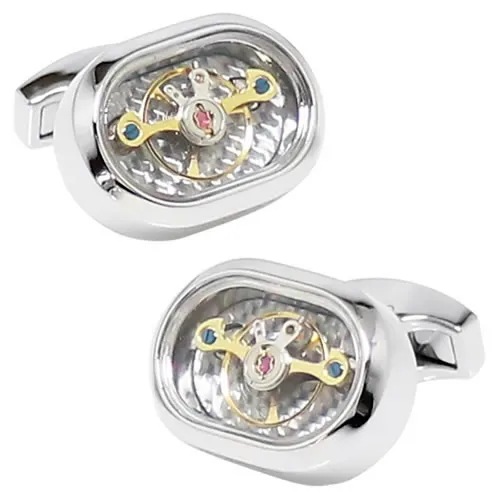 カフスボタン カフス シルバー オーバル スチームパンク 時計 ムーブメント カフリンクス メンズアクセサリー