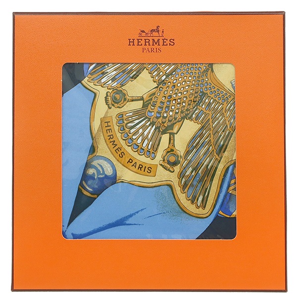 エルメス HERMES スカーフ カレ90 CARRE シルク ブルー×ネイビー×ゴールド 新品 未使用【Soleil de soie/シルクの太陽】未開封 【中古】