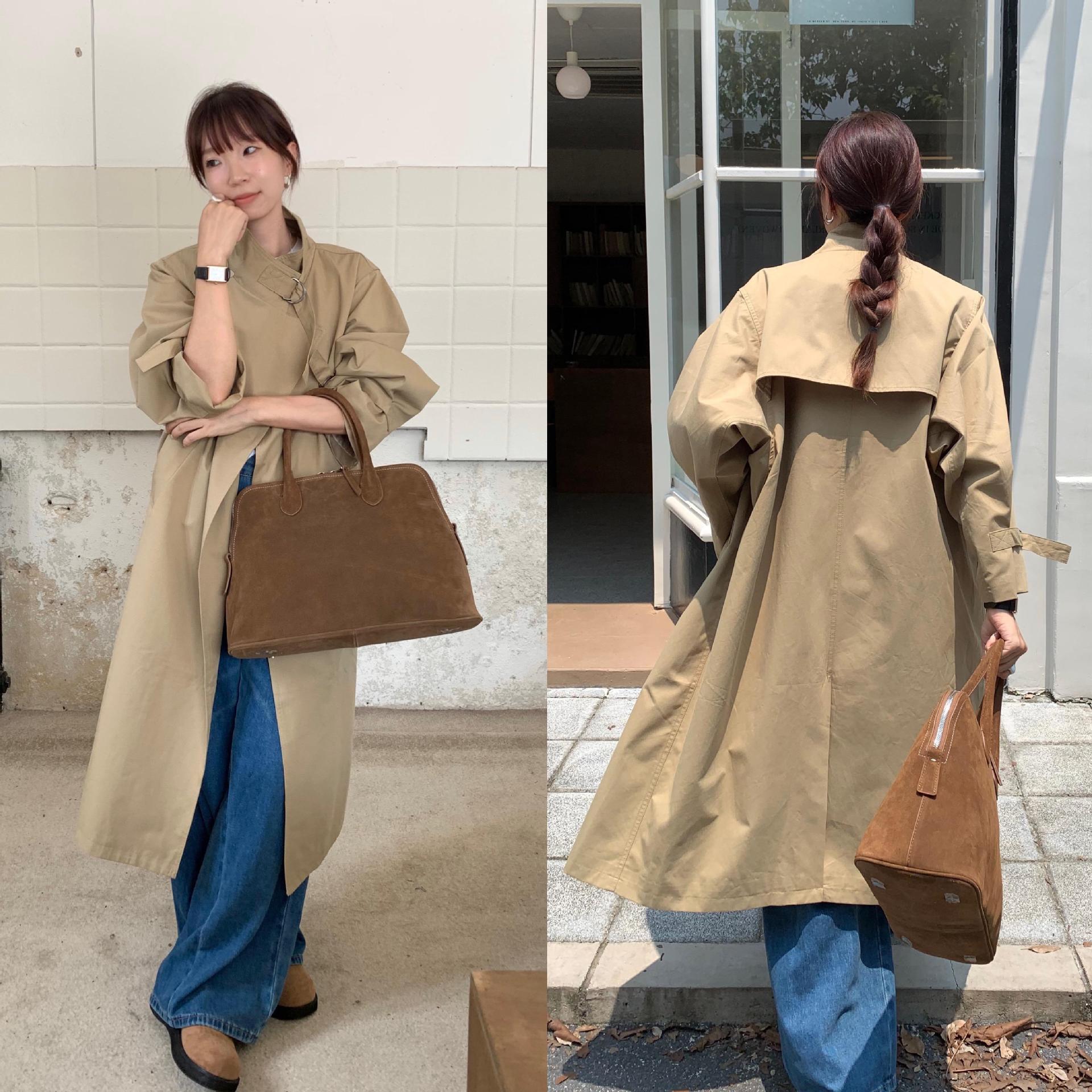 秋冬新作韓国風おしゃれでシックなスタンドカラーウインドブレーカー女性用ミドル丈カーキウインドブレーカージャケット