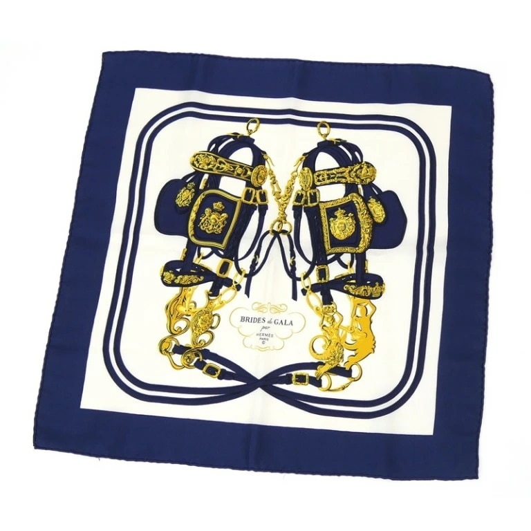 エルメス HERMES スカーフ カレ40 ブリッド・ドゥ・ガラ 式典用馬勒 タグ取れ ネイビー シルク100％ 【中古】(67851)